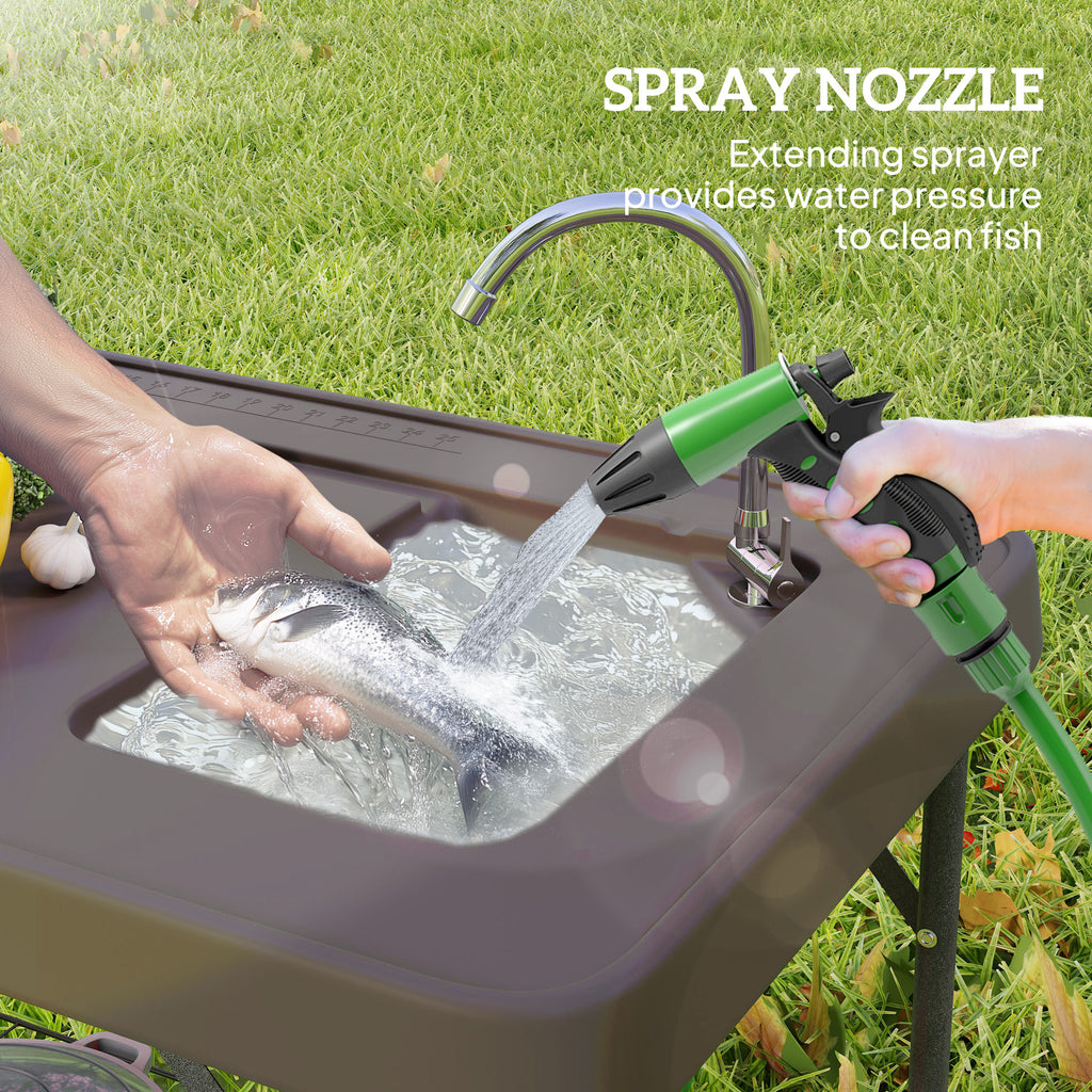 Folding Fish Cleaning Table With Sink, Portable Camping Table With Faucet, Drainage Hose, Sprayer And Shelf, Tan cjdropshipping