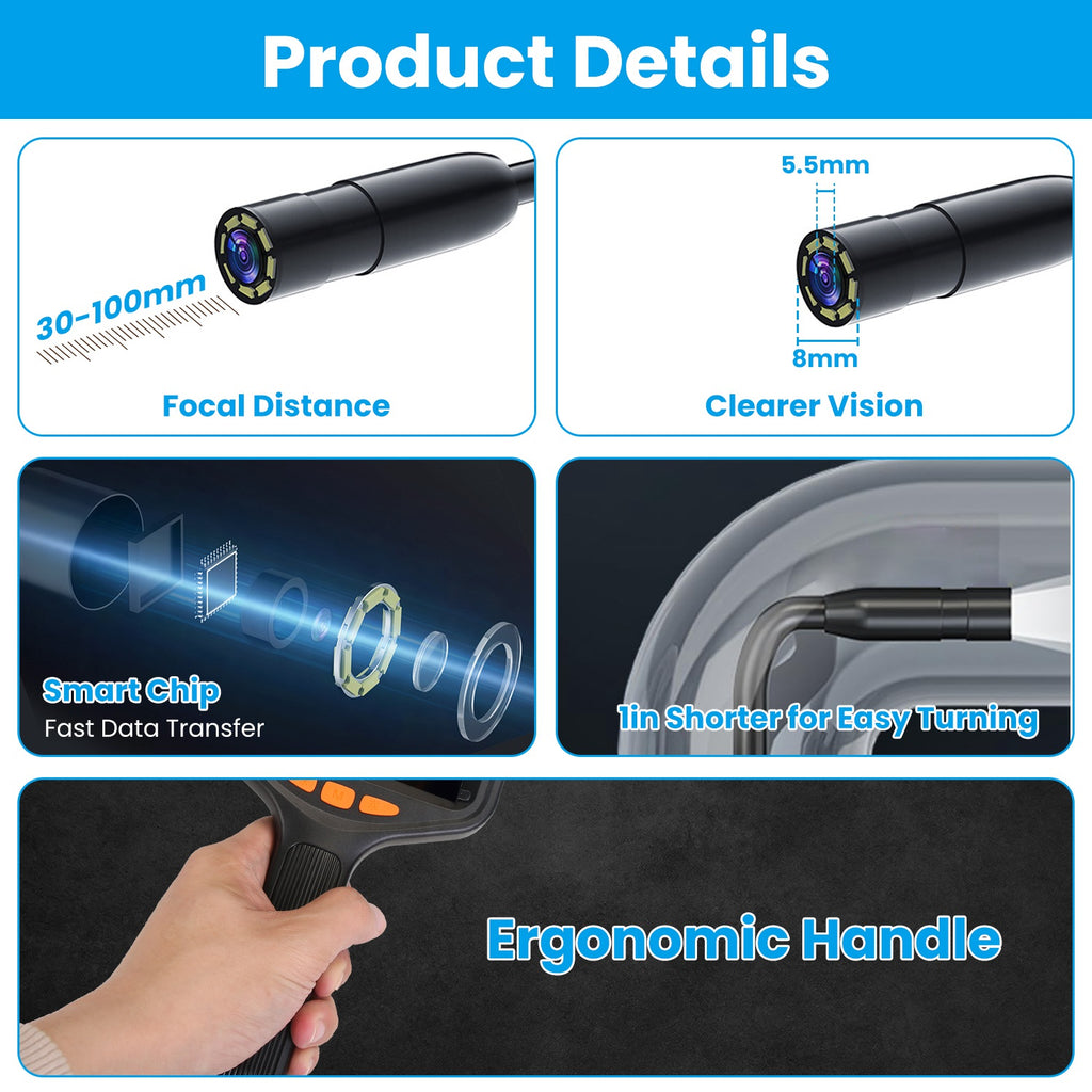 1Pc 4.3in Inspection Camera With Light Articulating Borescope Endoscope Camera With 16.4FT Wire 2 Modes 3 Adjustable Brightness IP67 Waterproof For Plumbing Automative Inside Wall TryTrendly