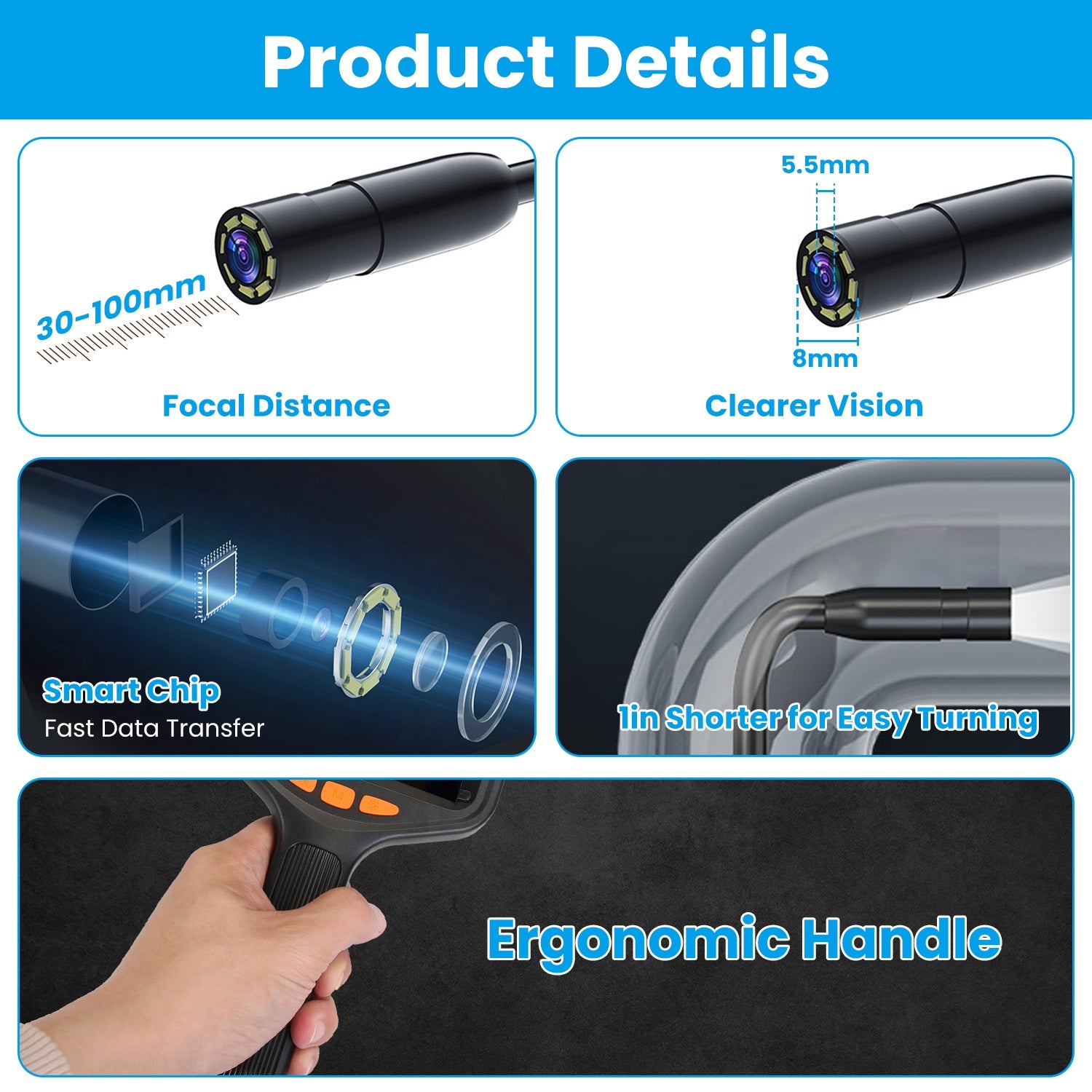 1Pc 4.3in Inspection Camera With Light Articulating Borescope Endoscope Camera With 16.4FT Wire 2 Modes 3 Adjustable Brightness IP67 Waterproof For Plumbing Automative Inside Wall TryTrendly