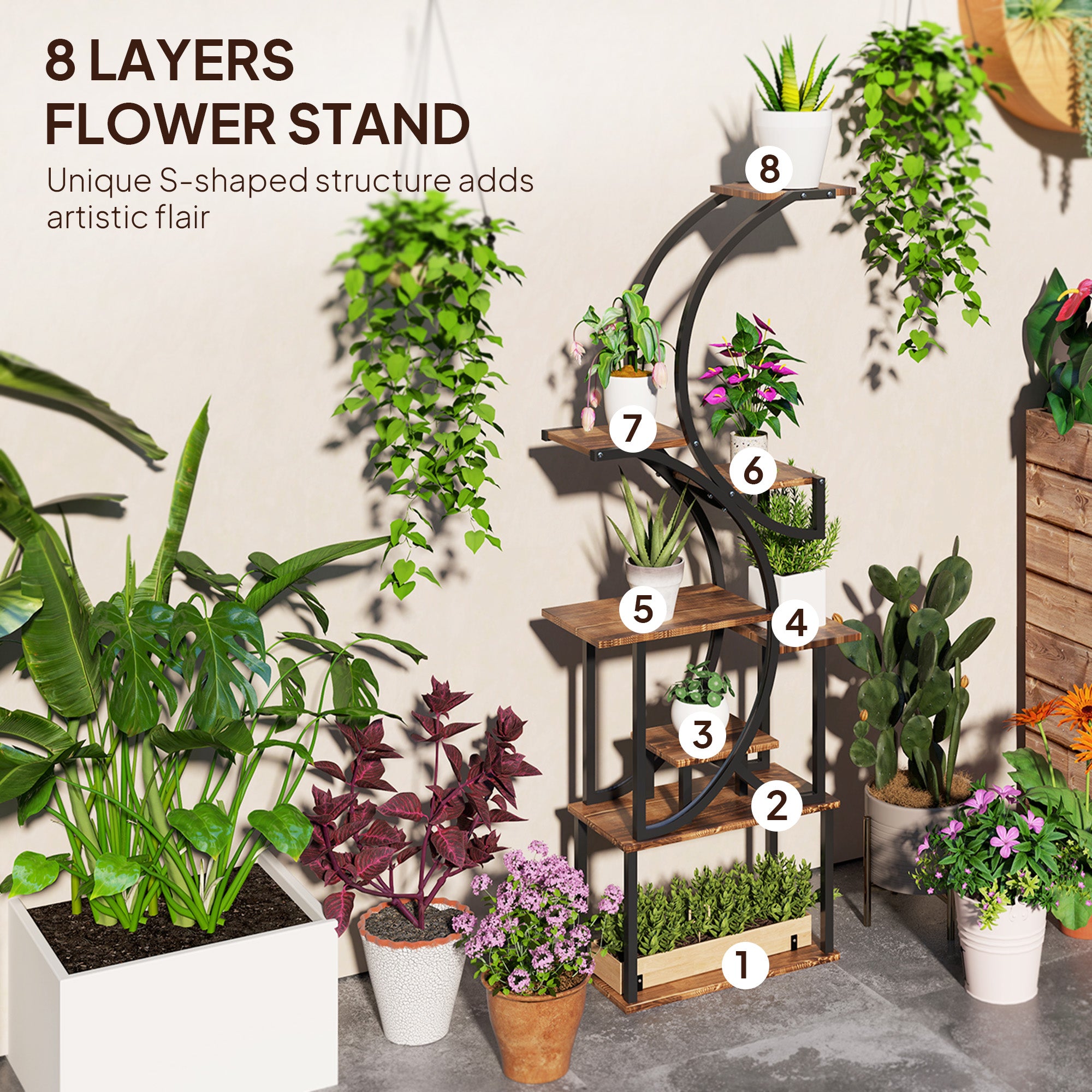 Plant Stand Indoor, 8 Tier 62" S-Shaped Plant Shelf, Corner Plant Rack for Multiple Plants, Carbonised Finish TryTrendly