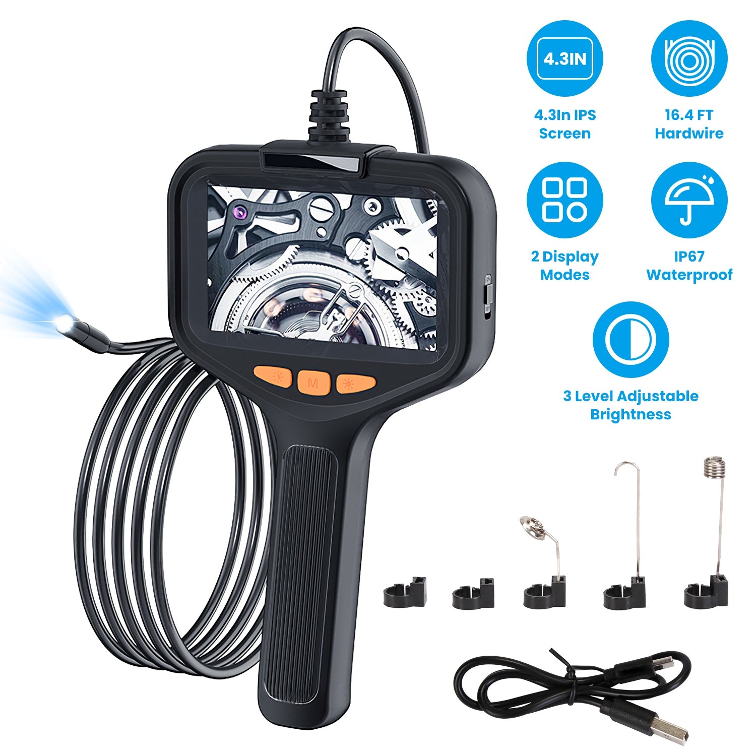 1Pc 4.3in Inspection Camera With Light Articulating Borescope Endoscope Camera With 16.4FT Wire 2 Modes 3 Adjustable Brightness IP67 Waterproof For Plumbing Automative Inside Wall TryTrendly