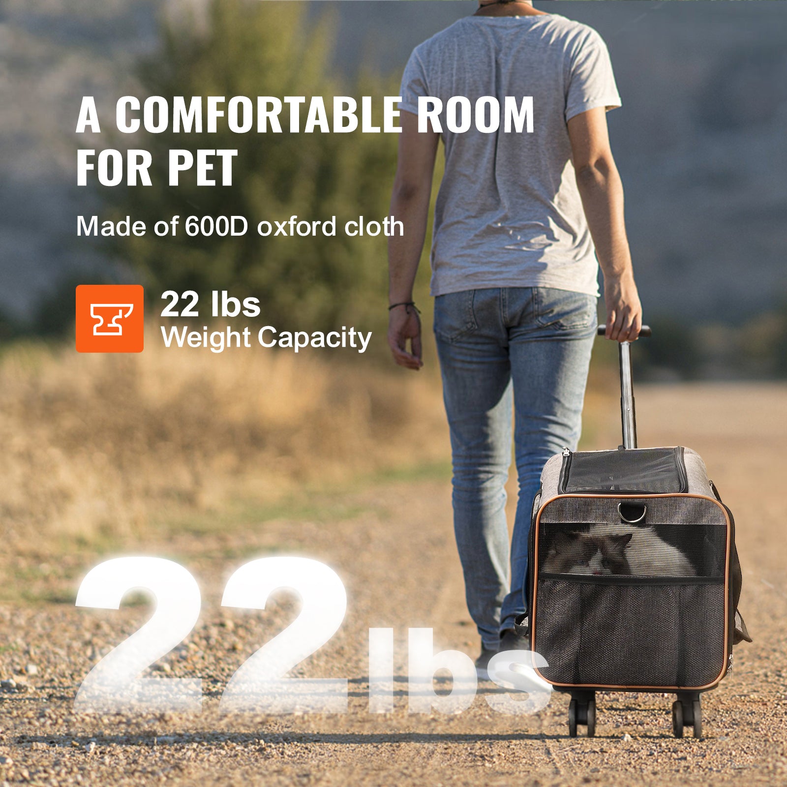 VEVOR Cat Carrier With Wheels, Airline Approved Rolling Pet Carrier With Telescopic Handle And Shoulder Strap, Dog Carrier With Wheels For Pets Under 22 Lbs, With 1 Folding Bowl, Grey cjdropshipping