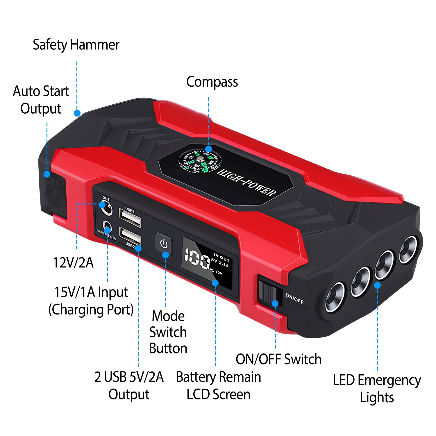 Car Jump Starter Booster 800A Peak 28000mAh 12V Battery Charger Up To 6.0L Gas Or 3.0L Diesel Engine With LCD Screen 4 Modes LED Flashlight cjdropshipping