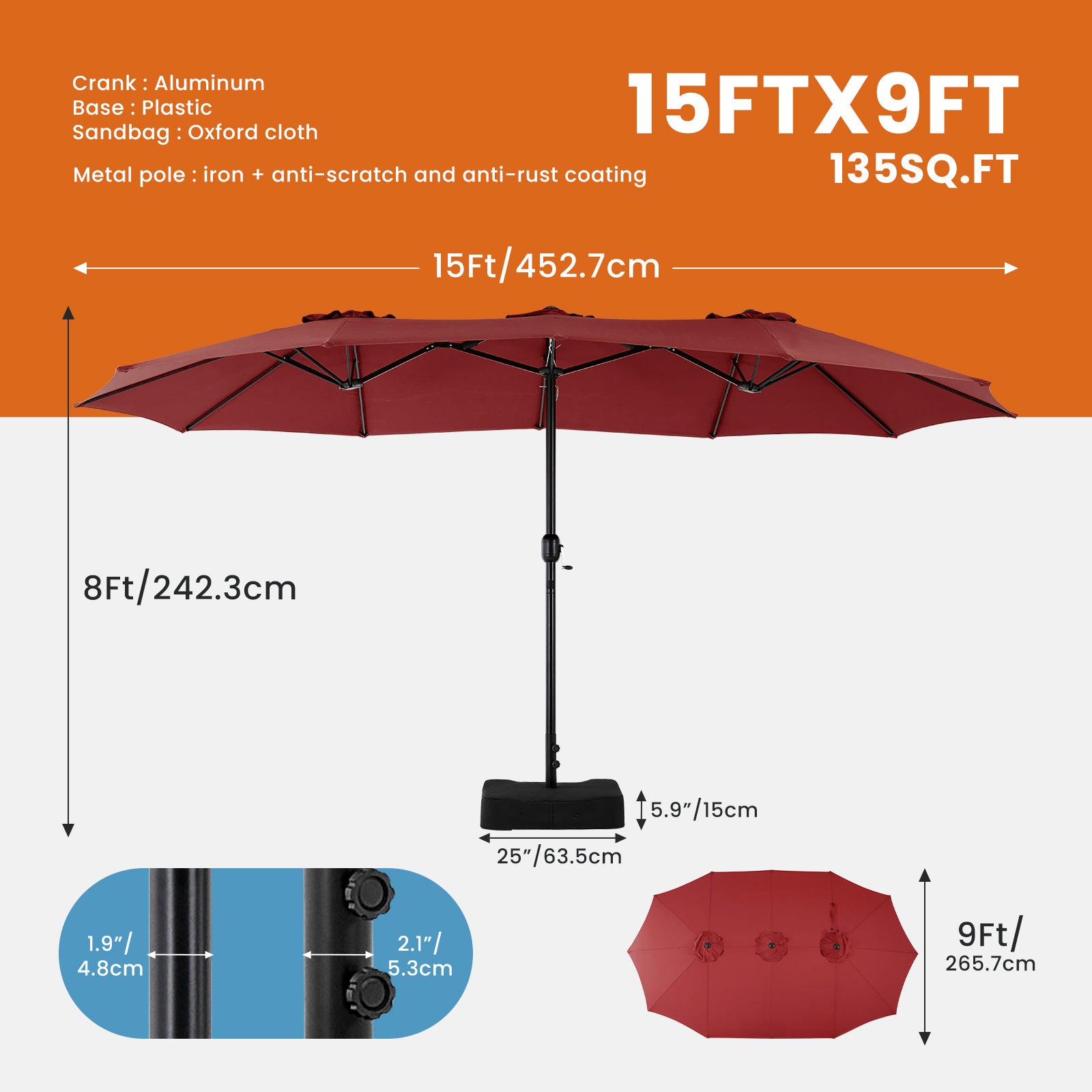15ft Large Patio Umbrella With Base Included, Rectangle Table Umbrella Outdoor Patio, Outside Umbrellas For Deck, Market, Backyard cjdropshipping