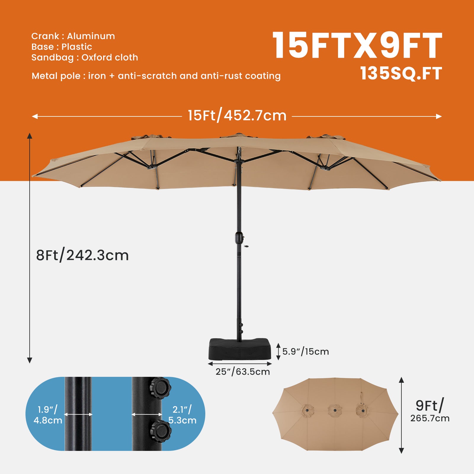 15ft Large Patio Umbrella With Base Included, Rectangle Table Umbrella Outdoor Patio, Outside Umbrellas For Deck, Market, Backyard cjdropshipping