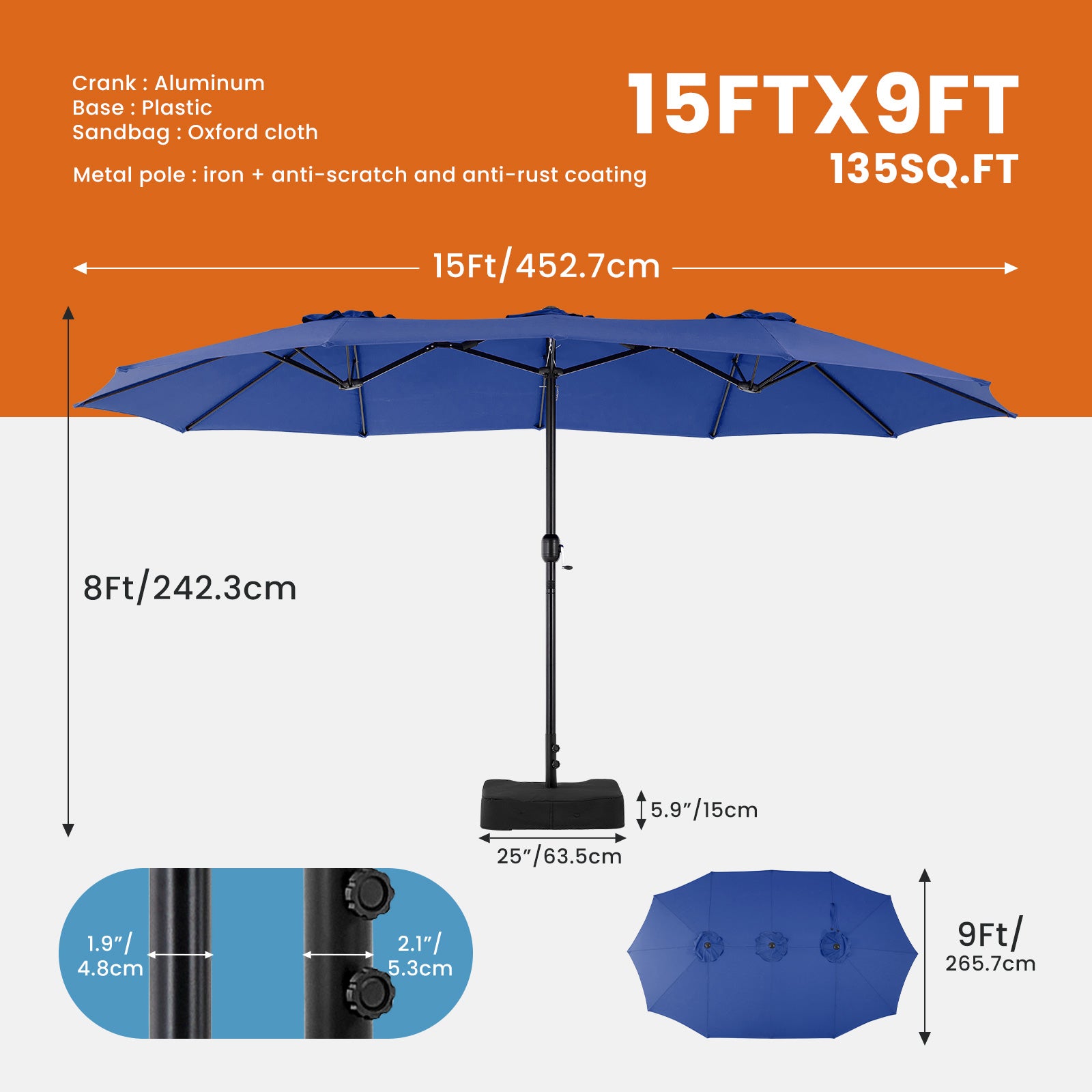 15ft Large Patio Umbrella With Base Included, Rectangle Table Umbrella Outdoor Patio, Outside Umbrellas For Deck, Market, Backyard cjdropshipping