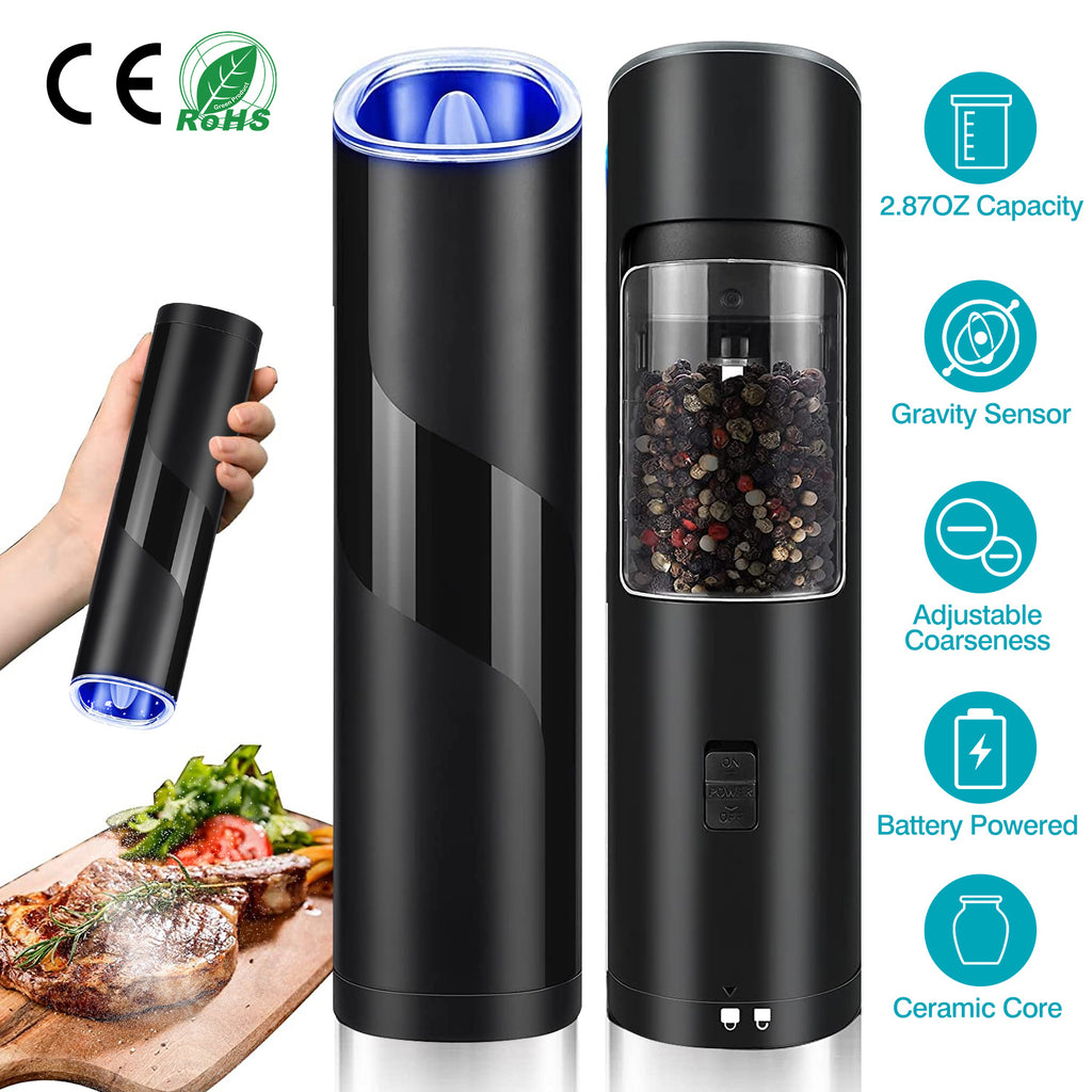 Electric Salt And Pepper Grinder Automatic Gravity Sensor Battery Powered Salt Mill LED Indicator Adjustable Coarseness One Hand Easy Operation TryTrendly