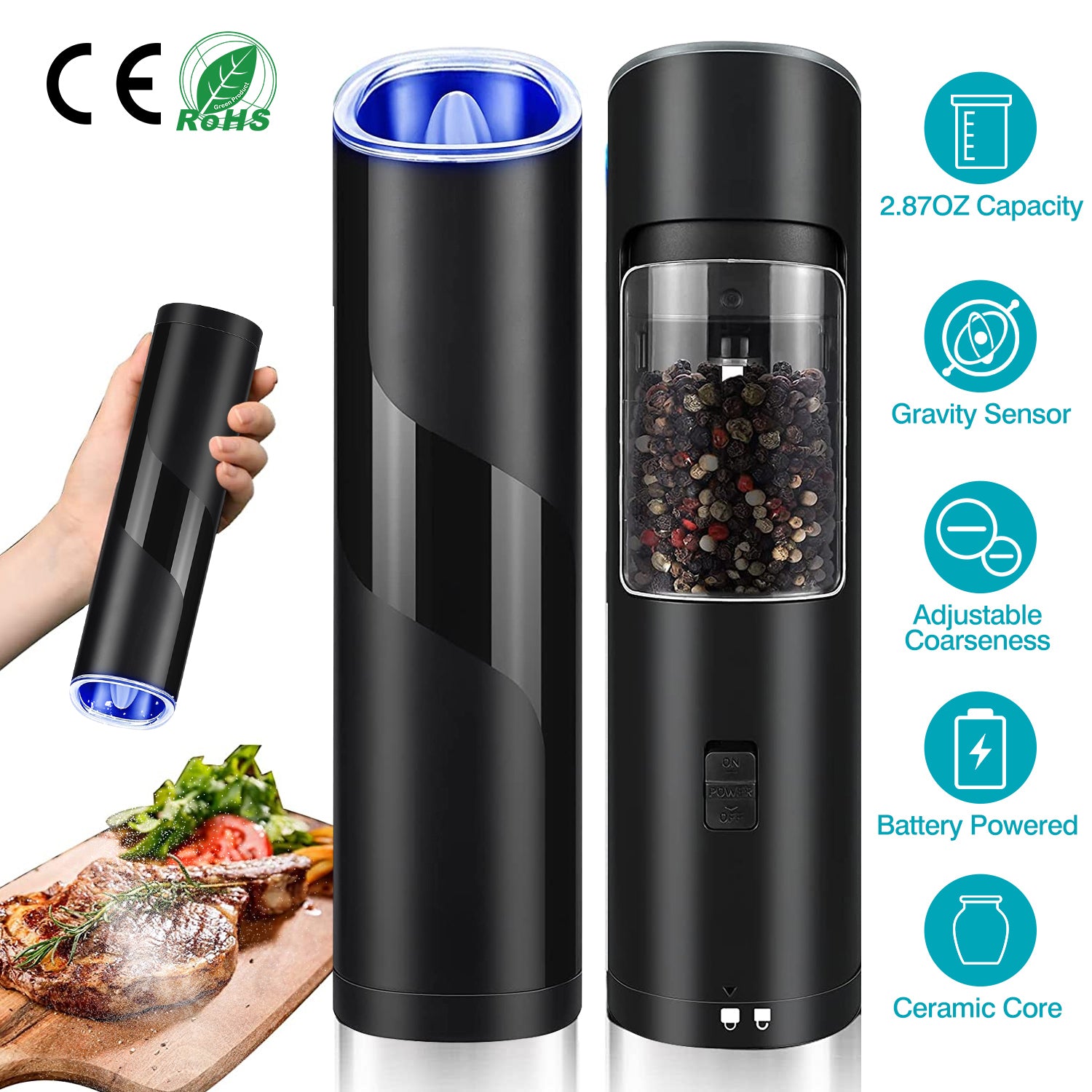 Electric Salt And Pepper Grinder Automatic Gravity Sensor Battery Powered Salt Mill LED Indicator Adjustable Coarseness One Hand Easy Operation TryTrendly