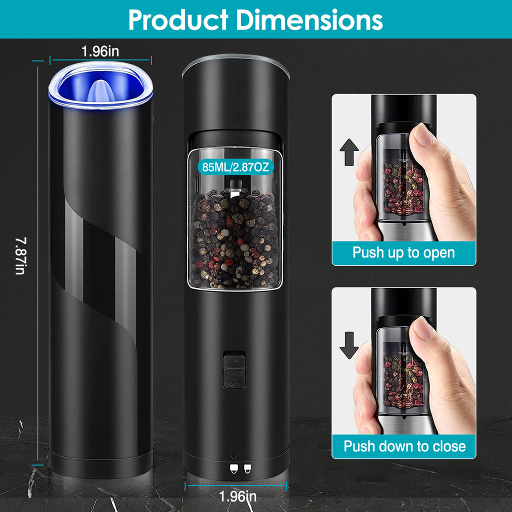 Electric Salt And Pepper Grinder Automatic Gravity Sensor Battery Powered Salt Mill LED Indicator Adjustable Coarseness One Hand Easy Operation TryTrendly