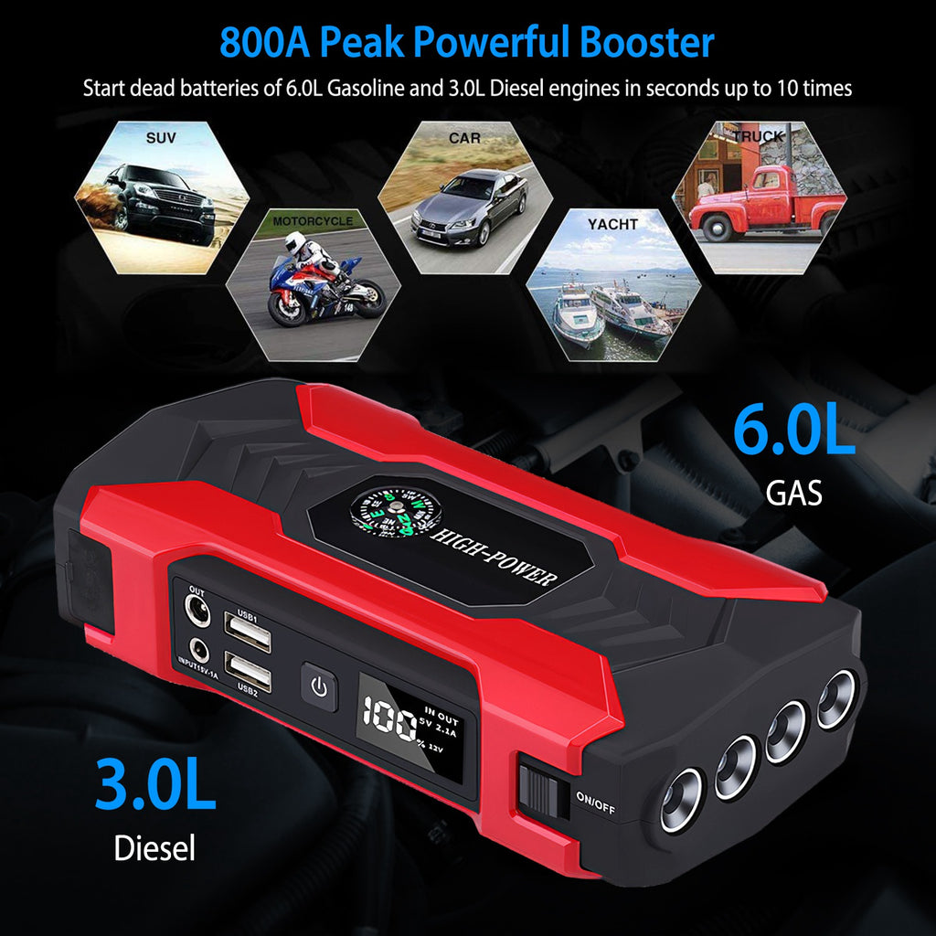Car Jump Starter Booster 800A Peak 28000mAh 12V Battery Charger Up To 6.0L Gas Or 3.0L Diesel Engine With LCD Screen 4 Modes LED Flashlight cjdropshipping