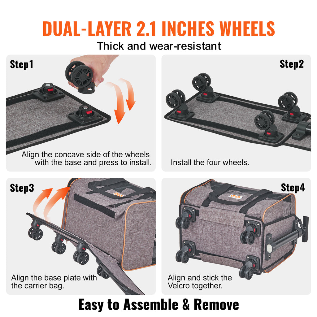 VEVOR Cat Carrier With Wheels, Airline Approved Rolling Pet Carrier With Telescopic Handle And Shoulder Strap, Dog Carrier With Wheels For Pets Under 22 Lbs, With 1 Folding Bowl, Grey cjdropshipping