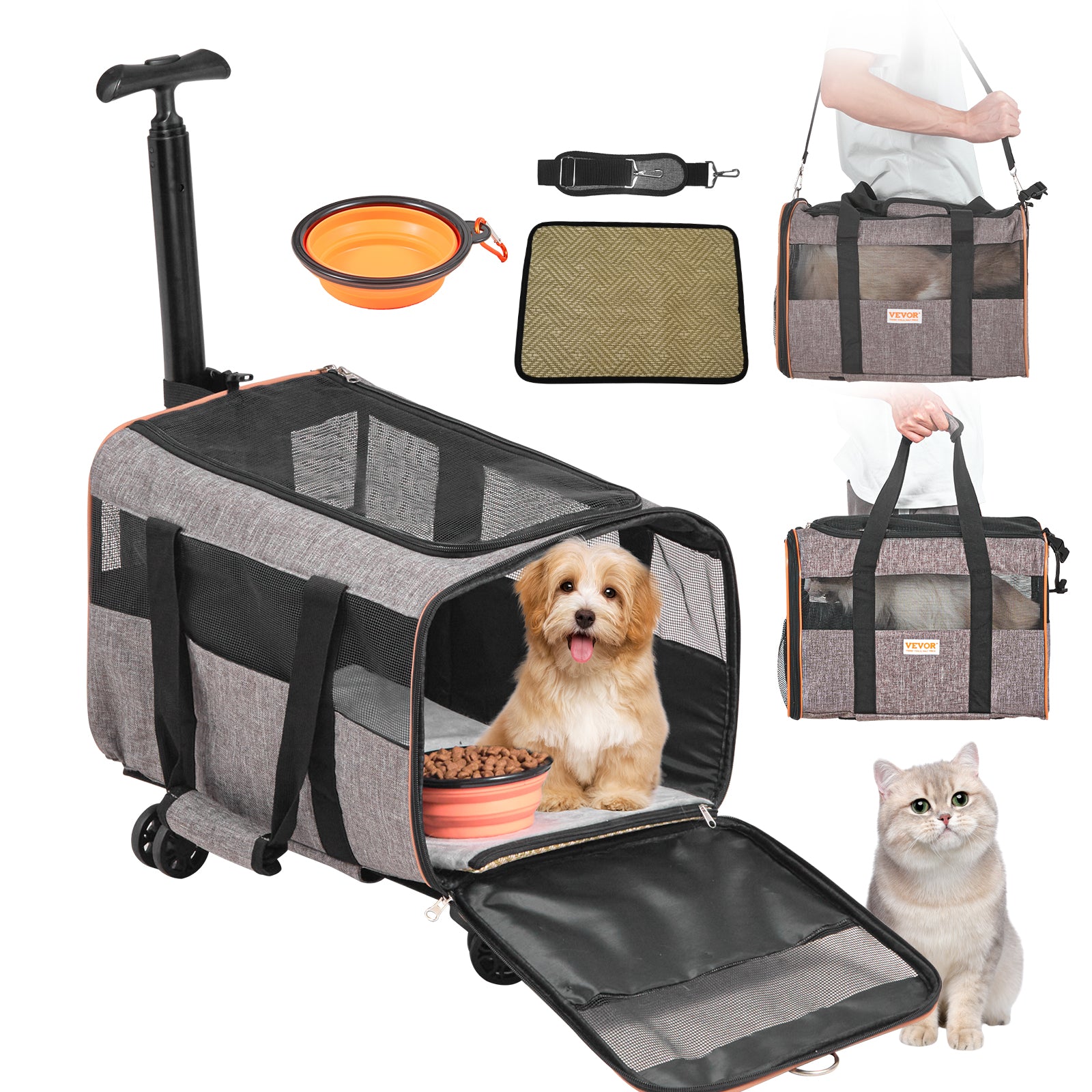 VEVOR Cat Carrier With Wheels, Airline Approved Rolling Pet Carrier With Telescopic Handle And Shoulder Strap, Dog Carrier With Wheels For Pets Under 22 Lbs, With 1 Folding Bowl, Grey cjdropshipping