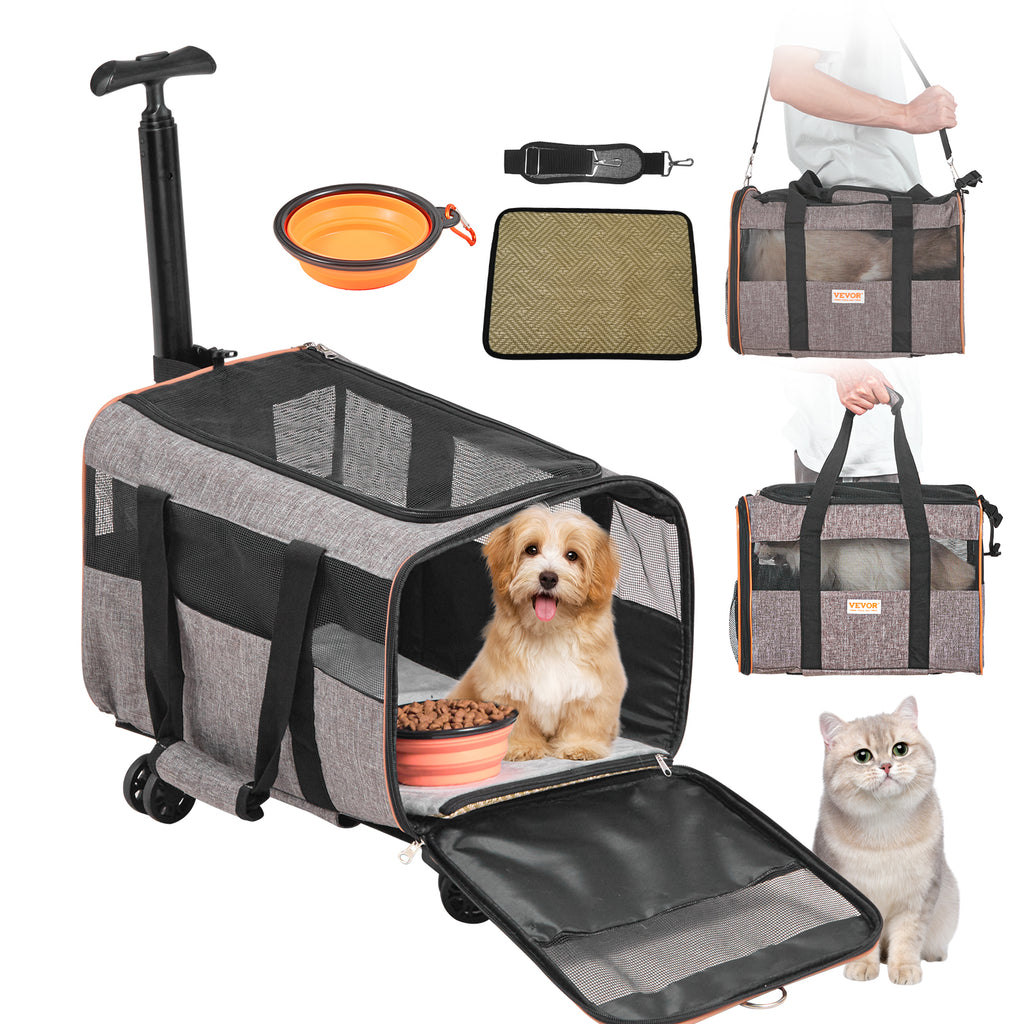 VEVOR Cat Carrier With Wheels, Airline Approved Rolling Pet Carrier With Telescopic Handle And Shoulder Strap, Dog Carrier With Wheels For Pets Under 22 Lbs, With 1 Folding Bowl, Grey cjdropshipping
