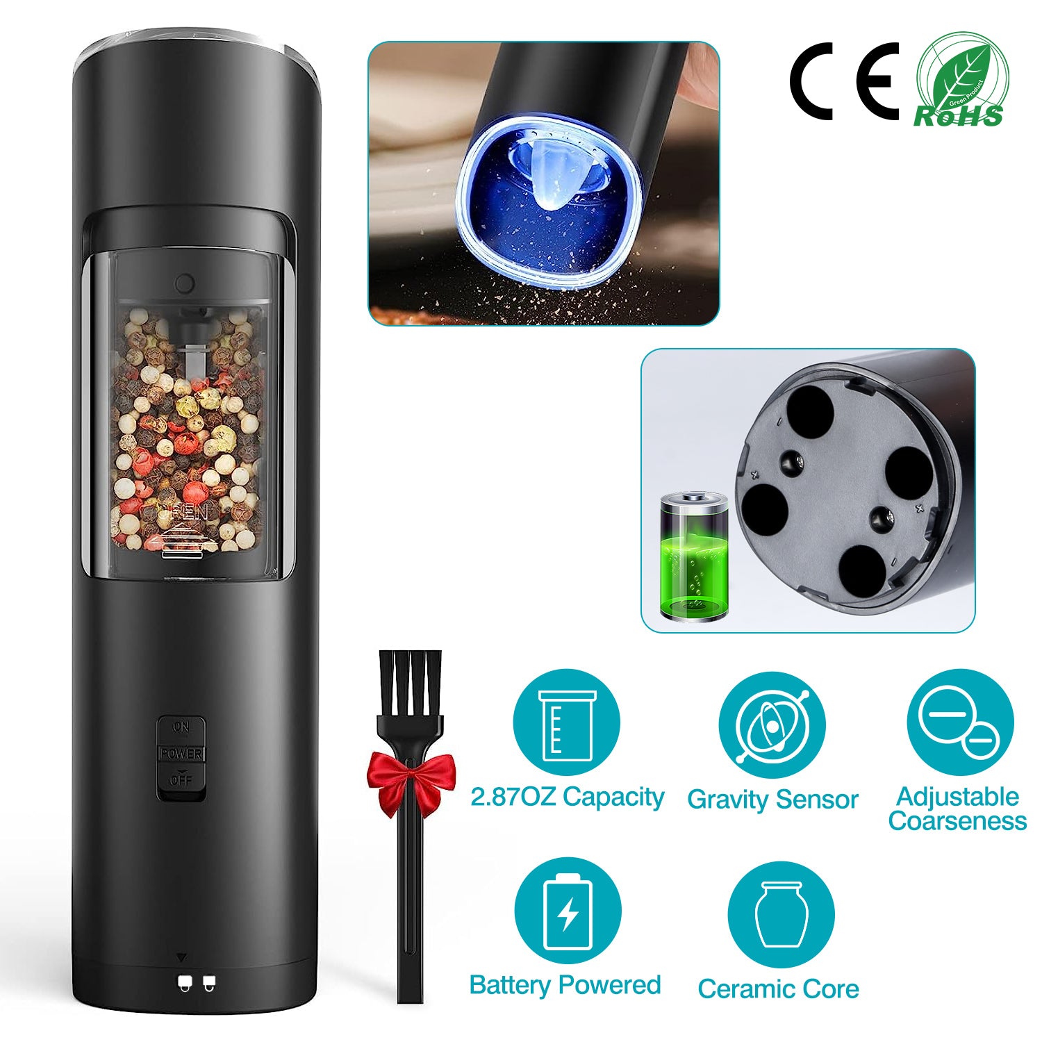 Electric Salt And Pepper Grinder Automatic Gravity Sensor Battery Powered Salt Mill LED Indicator Adjustable Coarseness One Hand Easy Operation TryTrendly