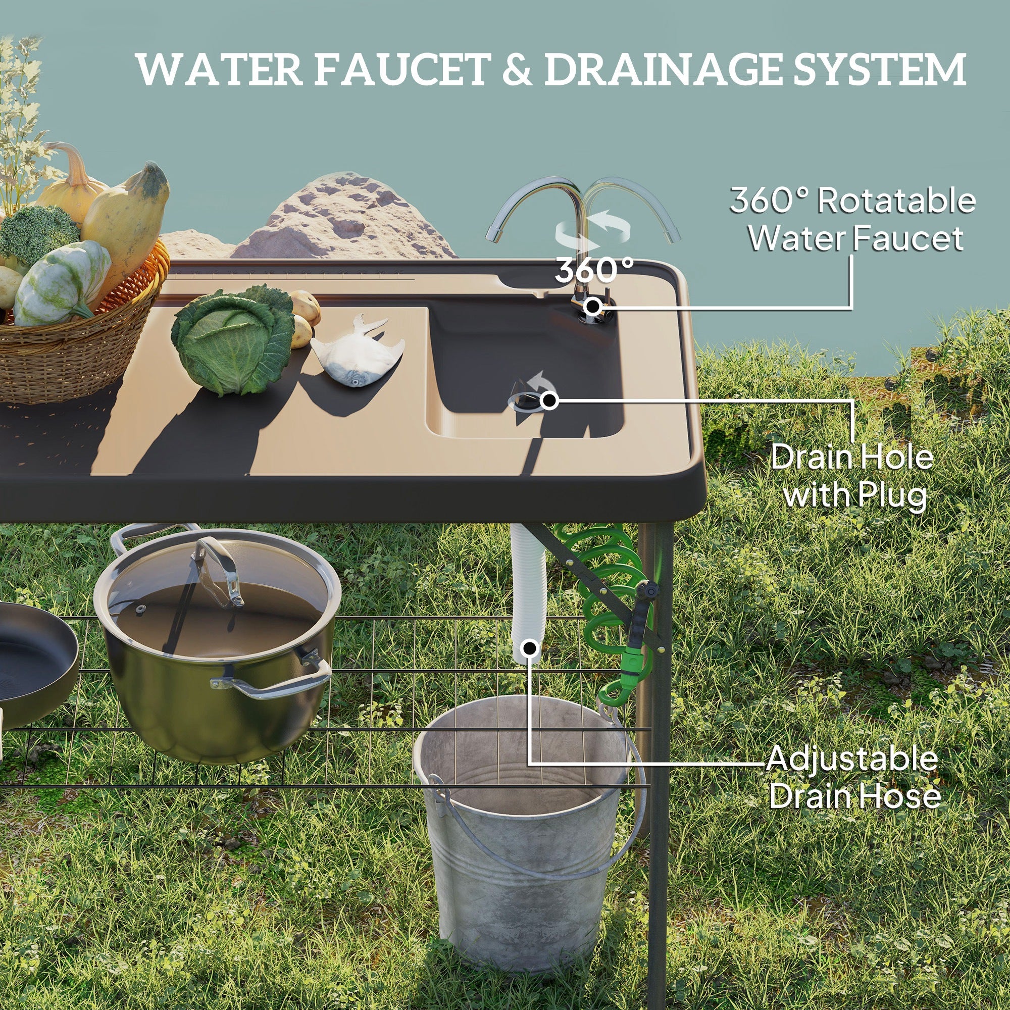 Folding Fish Cleaning Table With Sink, Portable Camping Table With Faucet, Drainage Hose, Sprayer And Shelf, Tan cjdropshipping