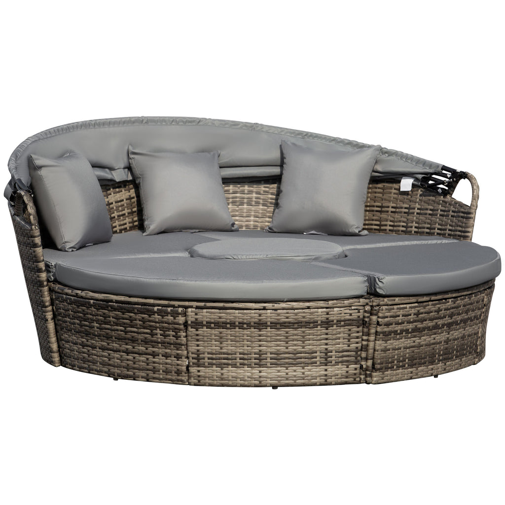 4-Piece Round Convertible Daybed with Cushions, Outdoor PE Rattan Patio Wicker Sofa Set, Sunbed with Adjustable Sun Canopy, Sectional Sofa, 2 Chairs, Table, 3 Pillows, Gray TryTrendly