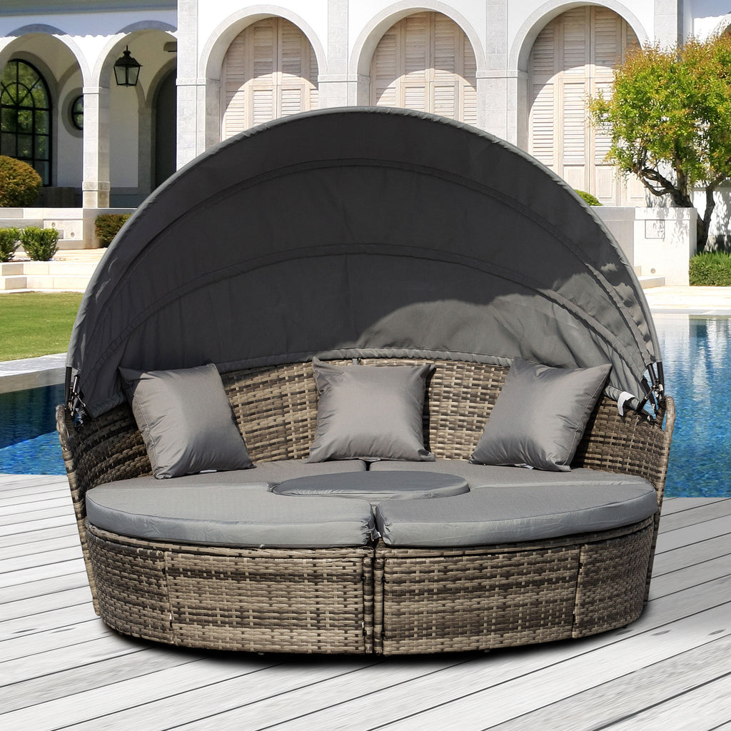 4-Piece Round Convertible Daybed with Cushions, Outdoor PE Rattan Patio Wicker Sofa Set, Sunbed with Adjustable Sun Canopy, Sectional Sofa, 2 Chairs, Table, 3 Pillows, Gray TryTrendly