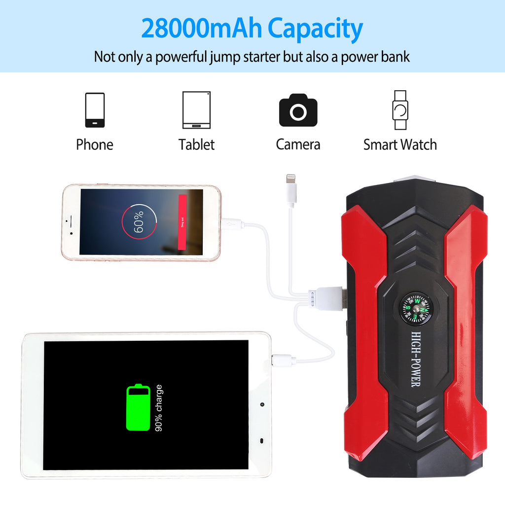 Car Jump Starter Booster 800A Peak 28000mAh 12V Battery Charger Up To 6.0L Gas Or 3.0L Diesel Engine With LCD Screen 4 Modes LED Flashlight cjdropshipping
