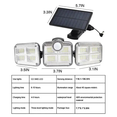 Solar Sensor Light 122 LED 3Head Outdoor Spotlight with 3 Modes - TryTrendly