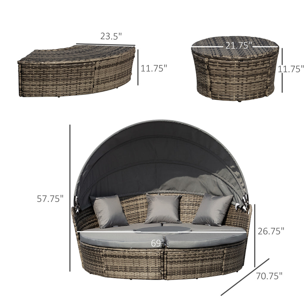 4-Piece Round Convertible Daybed with Cushions, Outdoor PE Rattan Patio Wicker Sofa Set, Sunbed with Adjustable Sun Canopy, Sectional Sofa, 2 Chairs, Table, 3 Pillows, Gray TryTrendly