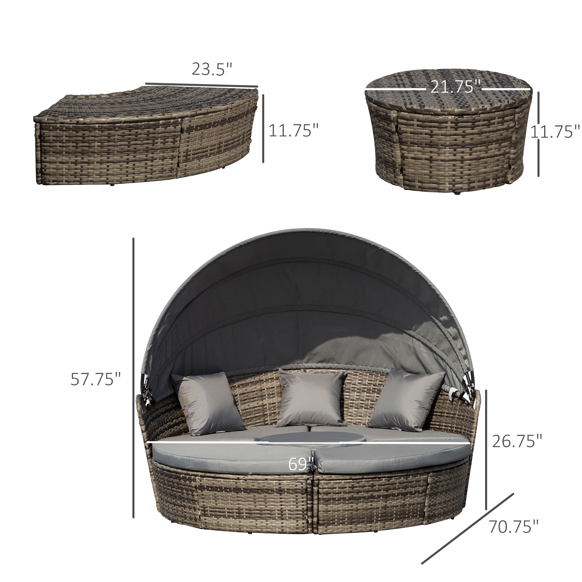 4-Piece Round Convertible Daybed with Cushions, Outdoor PE Rattan Patio Wicker Sofa Set, Sunbed with Adjustable Sun Canopy, Sectional Sofa, 2 Chairs, Table, 3 Pillows, Gray TryTrendly