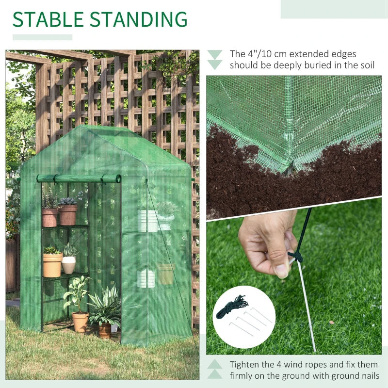 Walk-in Greenhouse, Garden Hot House With 3 Tier Shleves, Roll-Up Door And PE Cover, Green TryTrendly