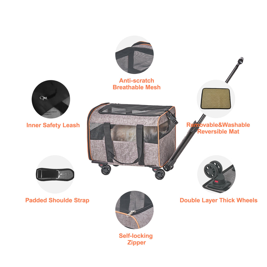 VEVOR Cat Carrier With Wheels, Airline Approved Rolling Pet Carrier With Telescopic Handle And Shoulder Strap, Dog Carrier With Wheels For Pets Under 22 Lbs, With 1 Folding Bowl, Grey cjdropshipping