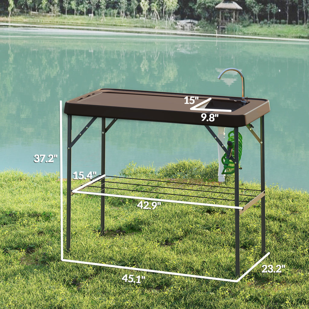 Folding Fish Cleaning Table With Sink, Portable Camping Table With Faucet, Drainage Hose, Sprayer And Shelf, Tan cjdropshipping
