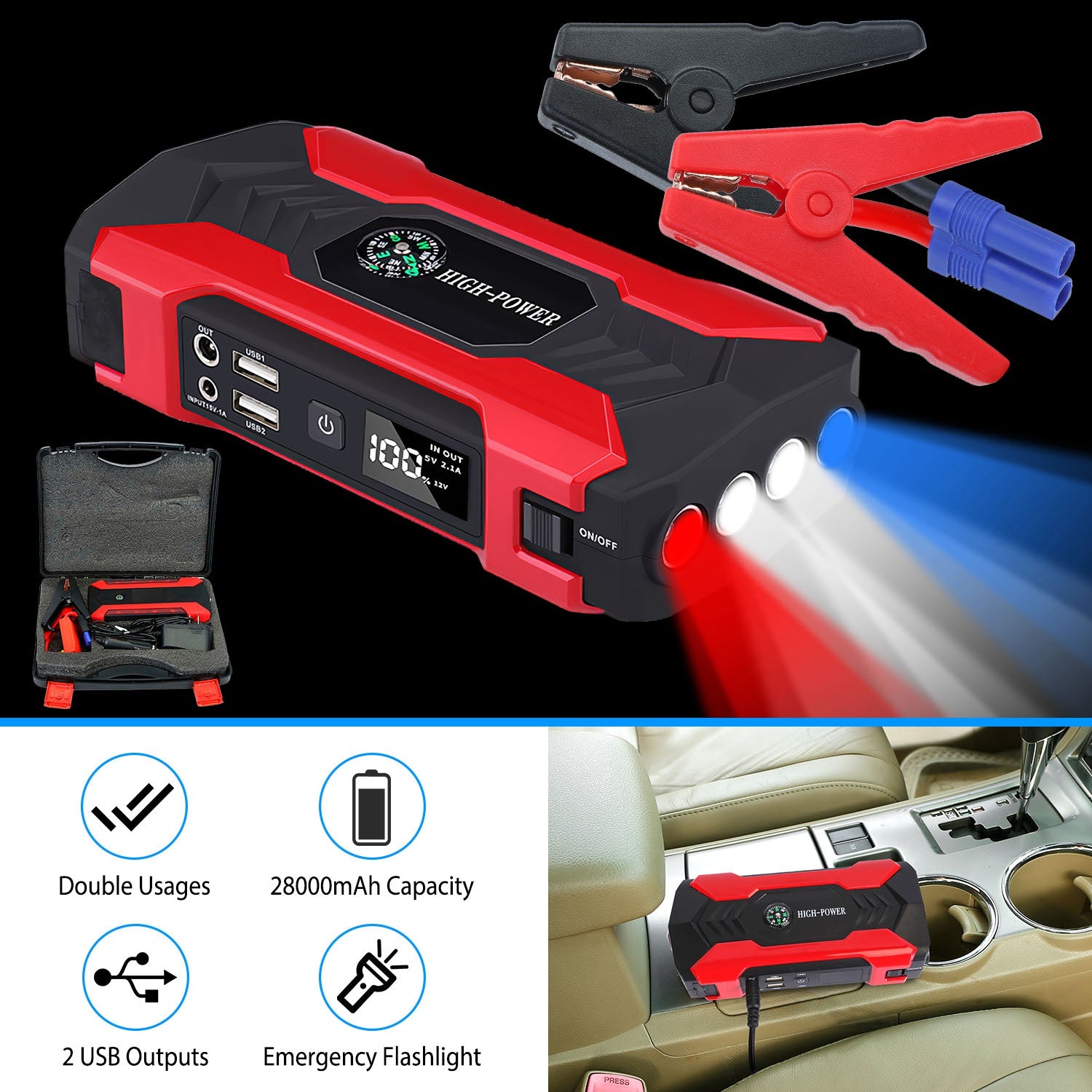 Car Jump Starter Booster 800A Peak 28000mAh 12V Battery Charger Up To 6.0L Gas Or 3.0L Diesel Engine With LCD Screen 4 Modes LED Flashlight cjdropshipping