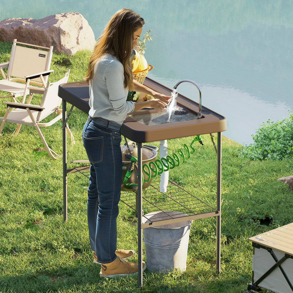 Folding Fish Cleaning Table With Sink, Portable Camping Table With Faucet, Drainage Hose, Sprayer And Shelf, Tan cjdropshipping