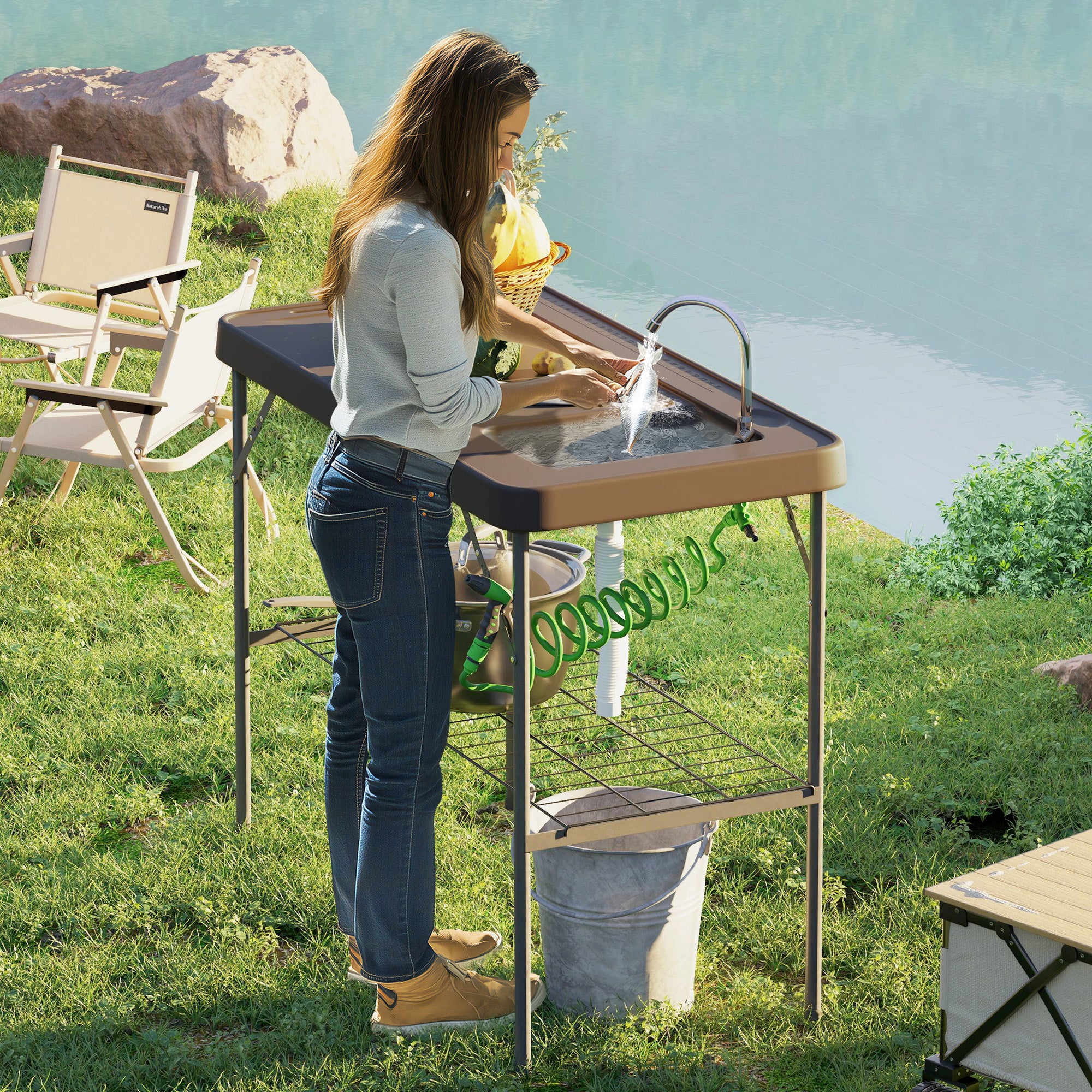 Folding Fish Cleaning Table With Sink, Portable Camping Table With Faucet, Drainage Hose, Sprayer And Shelf, Tan cjdropshipping