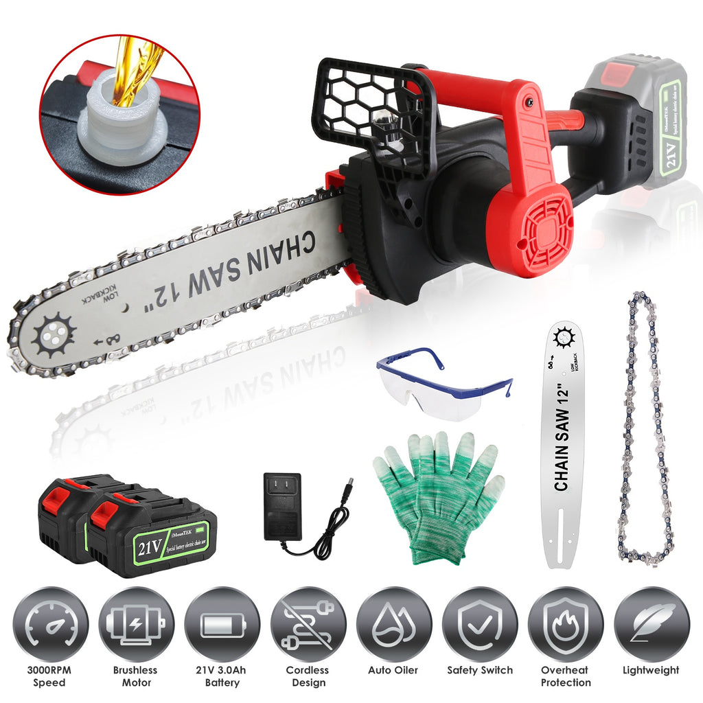 1Pc 12Inch Electric Cordless Chainsaw With 2Pcs 21V 3000mAh Battery And Charger Brushless Battery Operated Handheld Chainsaw With Auto Oiler Safety Switch For Tree Trimming Wood Cutting TryTrendly