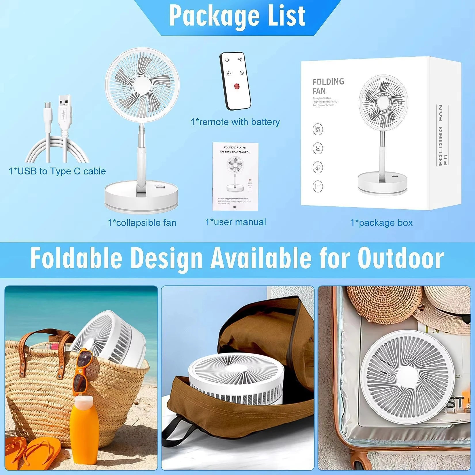 Portable Oscillating Standing Fan with Remote Controller Foldable Desk Fan Rechargeable Battery Powered Pedestal Fan for Camping TryTrendly