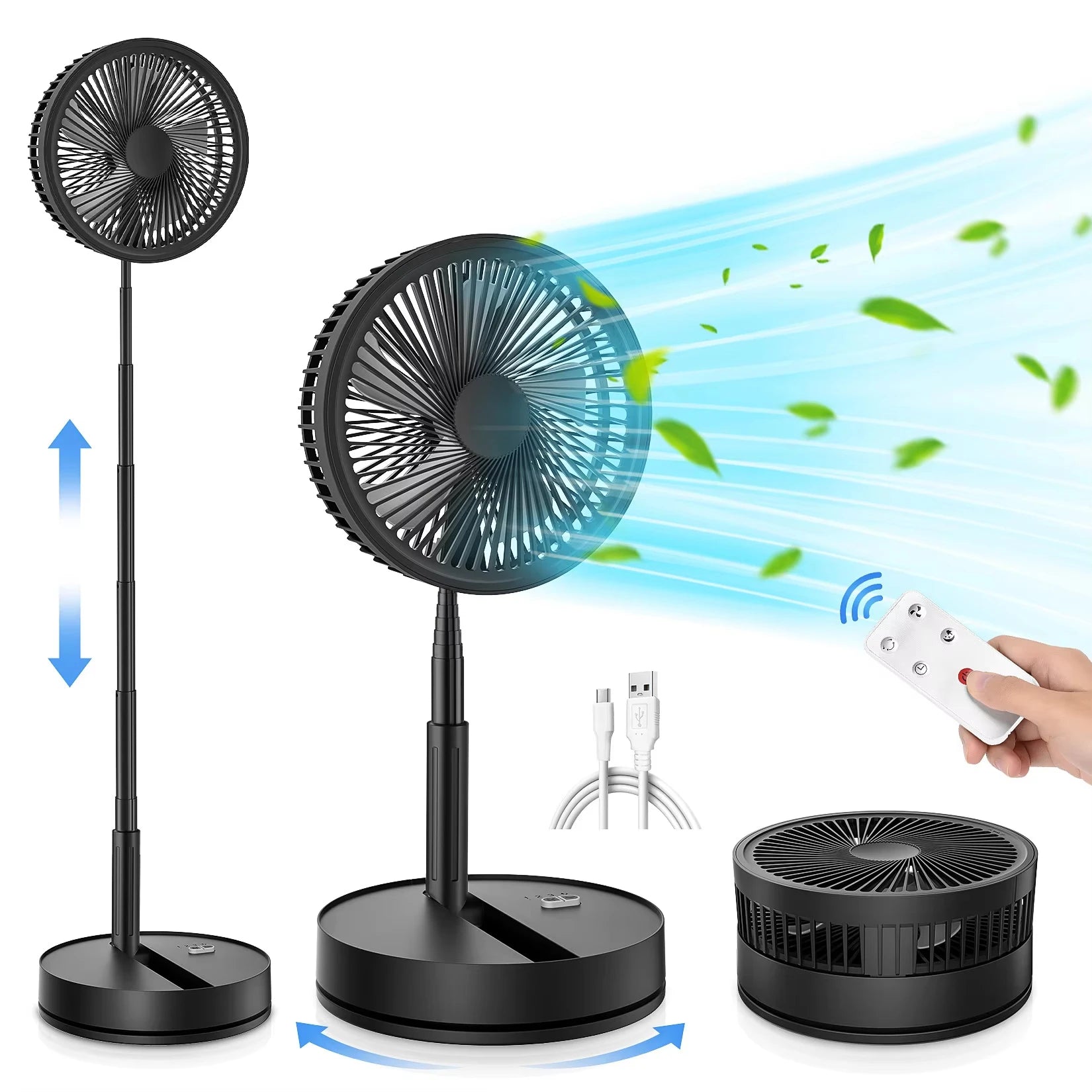 Portable Oscillating Standing Fan with Remote Controller Foldable Desk Fan Rechargeable Battery Powered Pedestal Fan for Camping TryTrendly