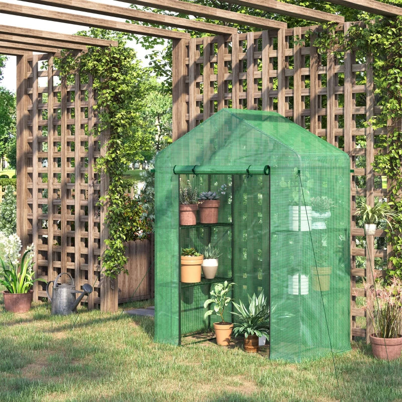 Walk-in Greenhouse, Garden Hot House With 3 Tier Shleves, Roll-Up Door And PE Cover, Green TryTrendly