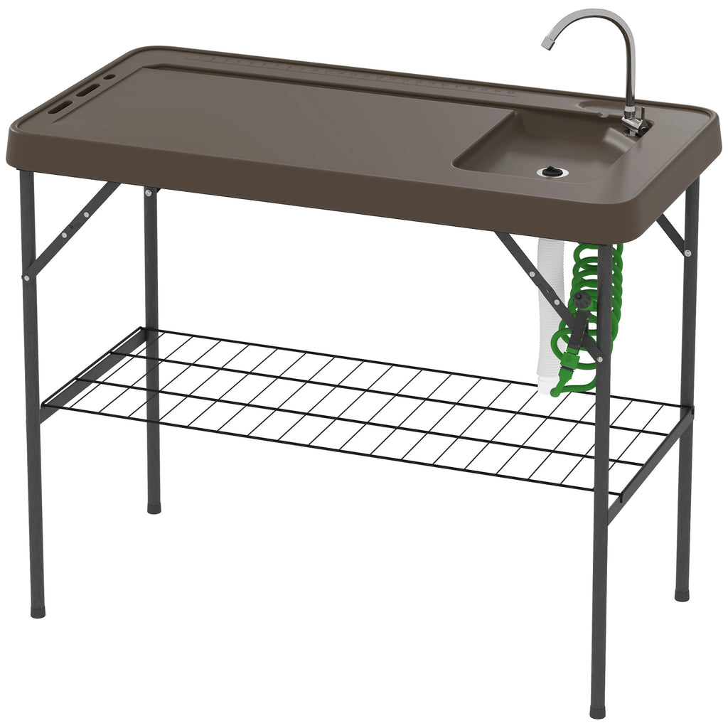 Folding Fish Cleaning Table With Sink, Portable Camping Table With Faucet, Drainage Hose, Sprayer And Shelf, Tan cjdropshipping
