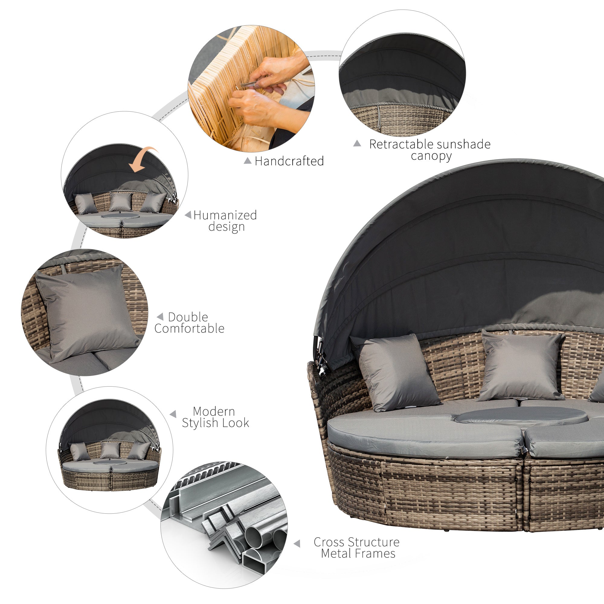 4-Piece Round Convertible Daybed with Cushions, Outdoor PE Rattan Patio Wicker Sofa Set, Sunbed with Adjustable Sun Canopy, Sectional Sofa, 2 Chairs, Table, 3 Pillows, Gray TryTrendly