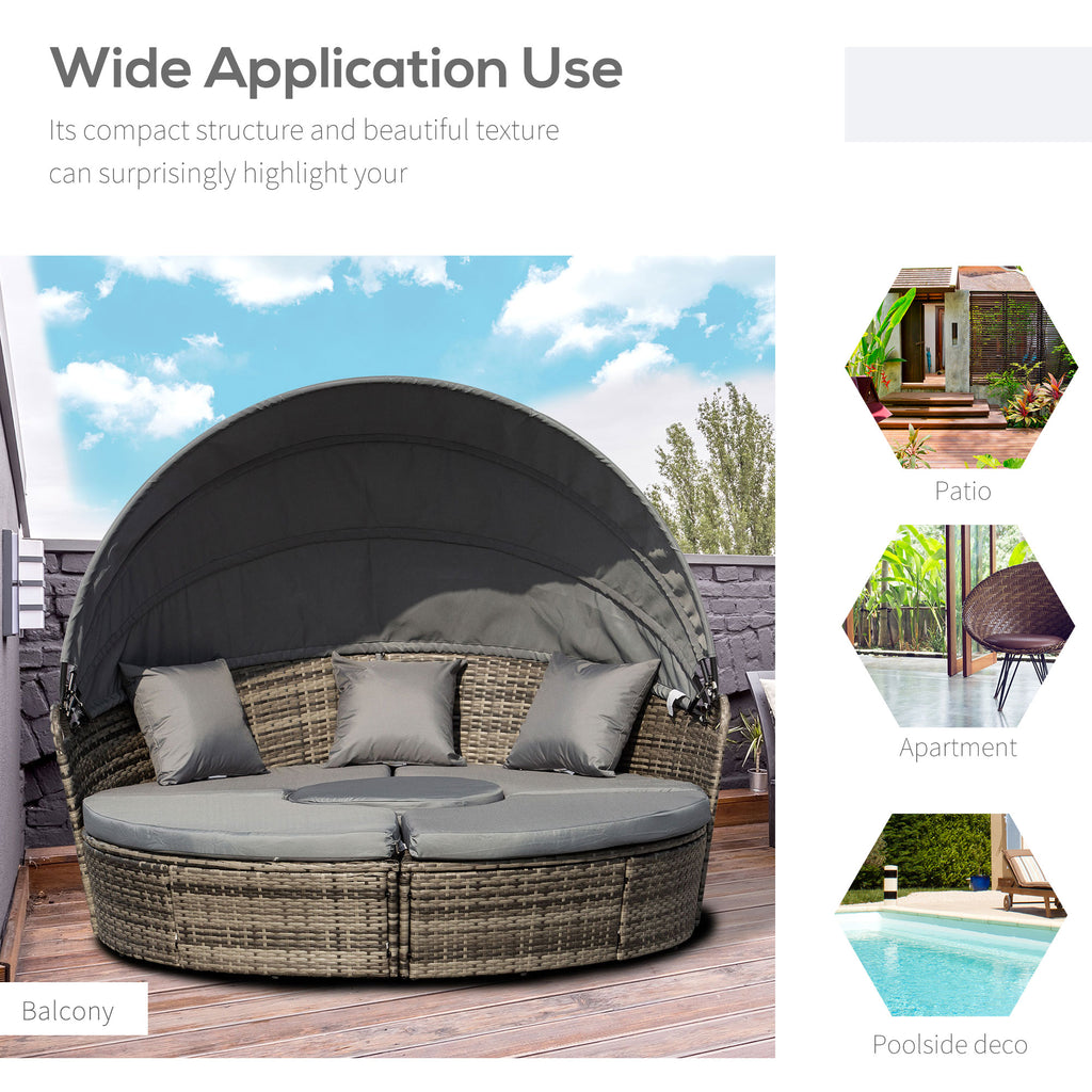 4-Piece Round Convertible Daybed with Cushions, Outdoor PE Rattan Patio Wicker Sofa Set, Sunbed with Adjustable Sun Canopy, Sectional Sofa, 2 Chairs, Table, 3 Pillows, Gray TryTrendly