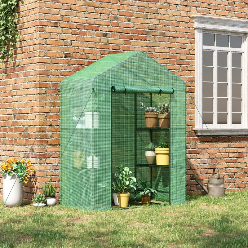 Walk-in Greenhouse, Garden Hot House With 3 Tier Shleves, Roll-Up Door And PE Cover, Green TryTrendly