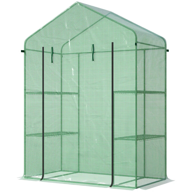 Walk-in Greenhouse, Garden Hot House With 3 Tier Shleves, Roll-Up Door And PE Cover, Green TryTrendly