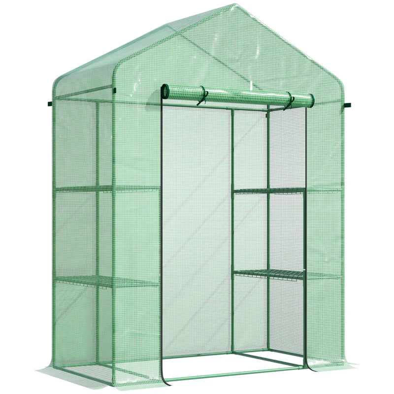Walk-in Greenhouse, Garden Hot House With 3 Tier Shleves, Roll-Up Door And PE Cover, Green TryTrendly