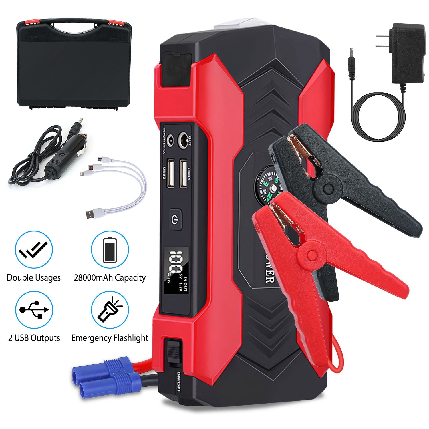 Car Jump Starter Booster 800A Peak 28000mAh 12V Battery Charger Up To 6.0L Gas Or 3.0L Diesel Engine With LCD Screen 4 Modes LED Flashlight cjdropshipping