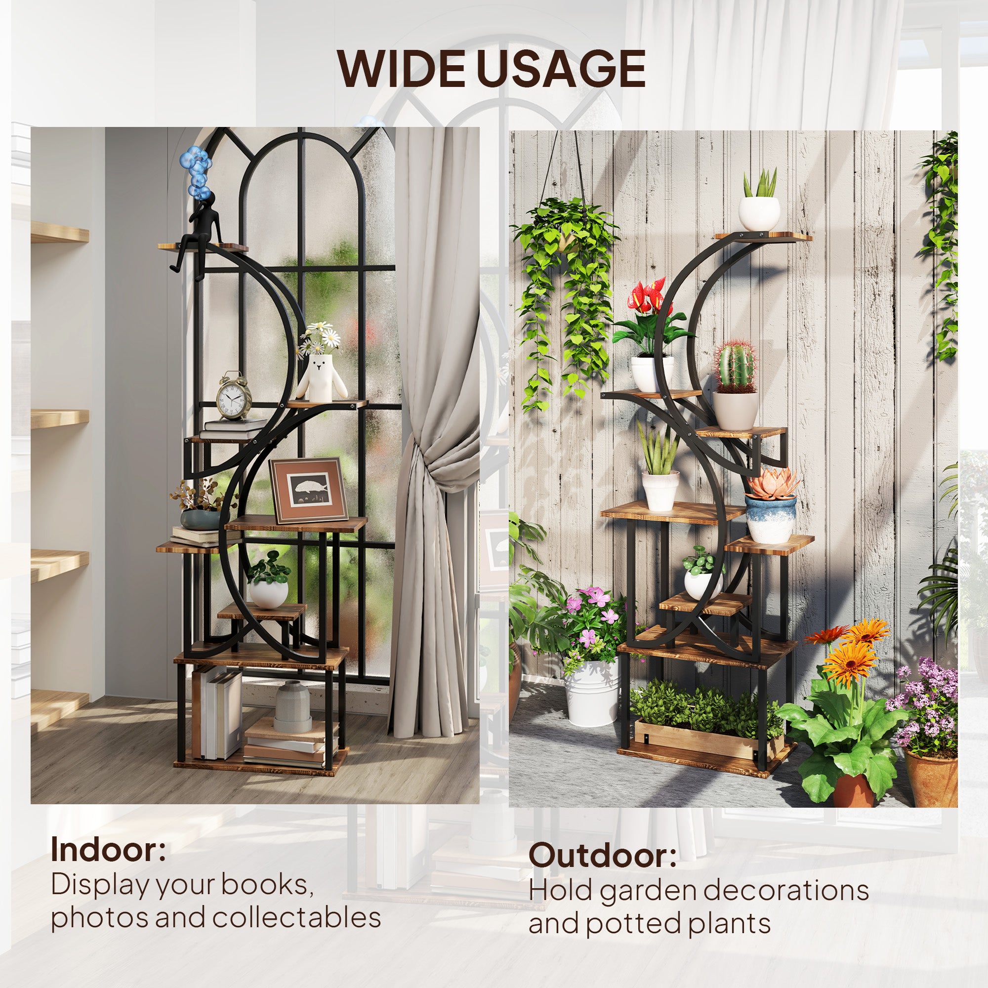 Plant Stand Indoor, 8 Tier 62" S-Shaped Plant Shelf, Corner Plant Rack for Multiple Plants, Carbonised Finish TryTrendly