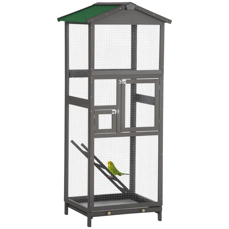 Wooden Bird Cage Outdoor Aviary House For Parrot, Parakeet, With Pull Out Tray And 2 Doors, Grey TryTrendly
