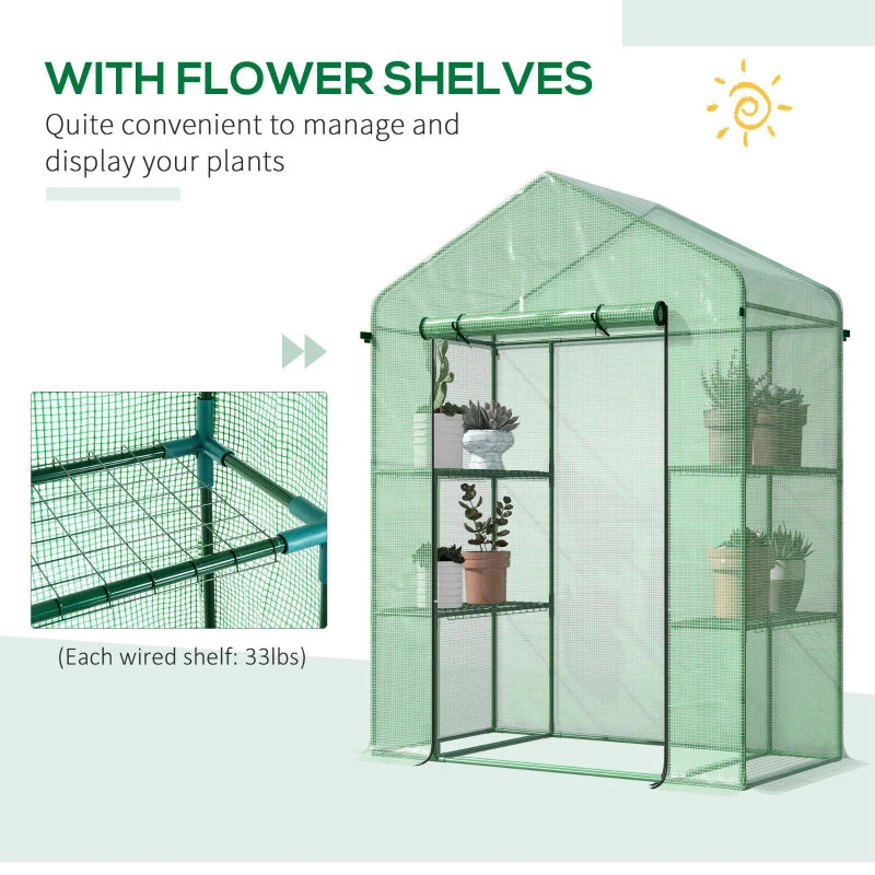 Walk-in Greenhouse, Garden Hot House With 3 Tier Shleves, Roll-Up Door And PE Cover, Green TryTrendly