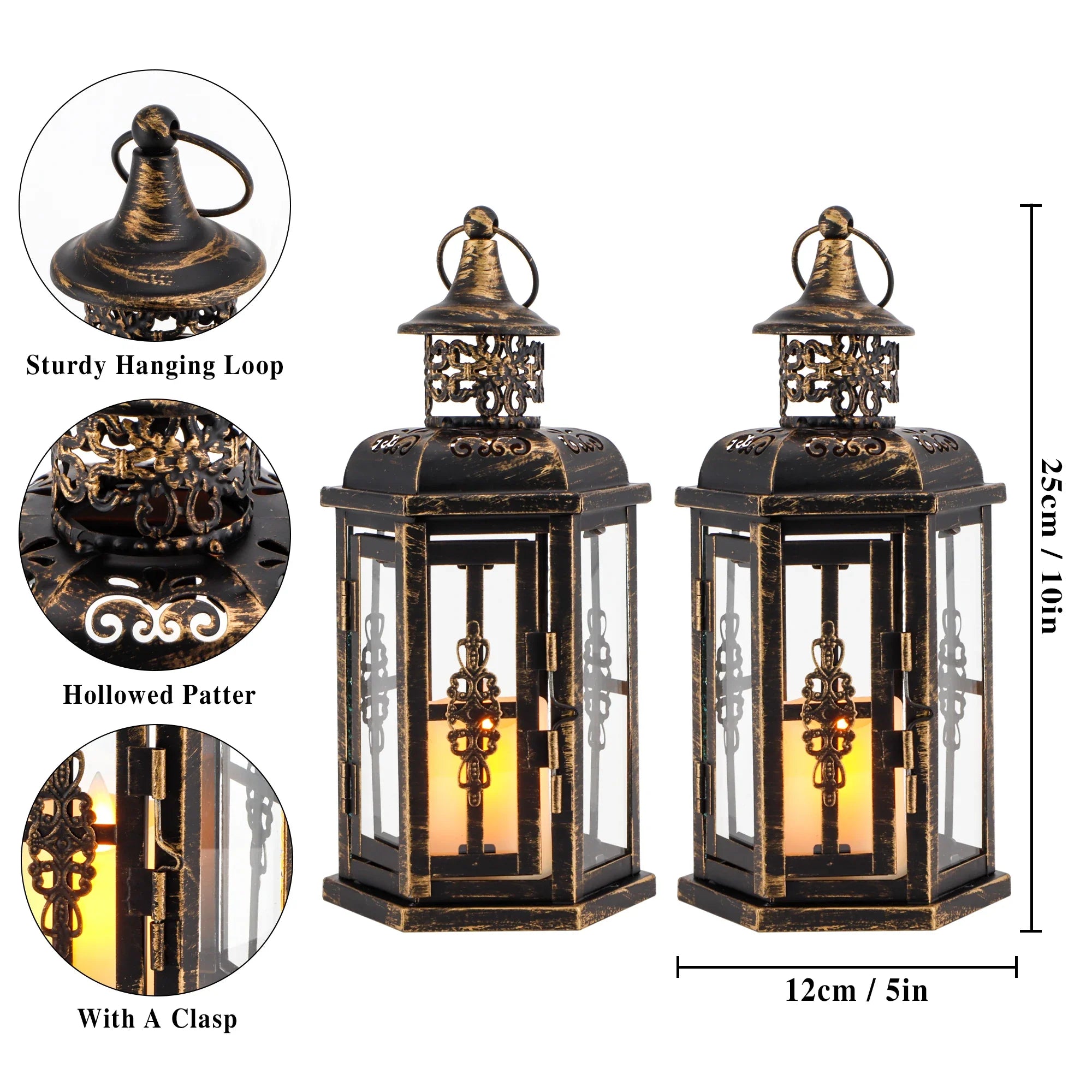 Set of 2 Decorative Lanterns -10 inch High Vintage Hanging Lantern Black JHY DESIGN