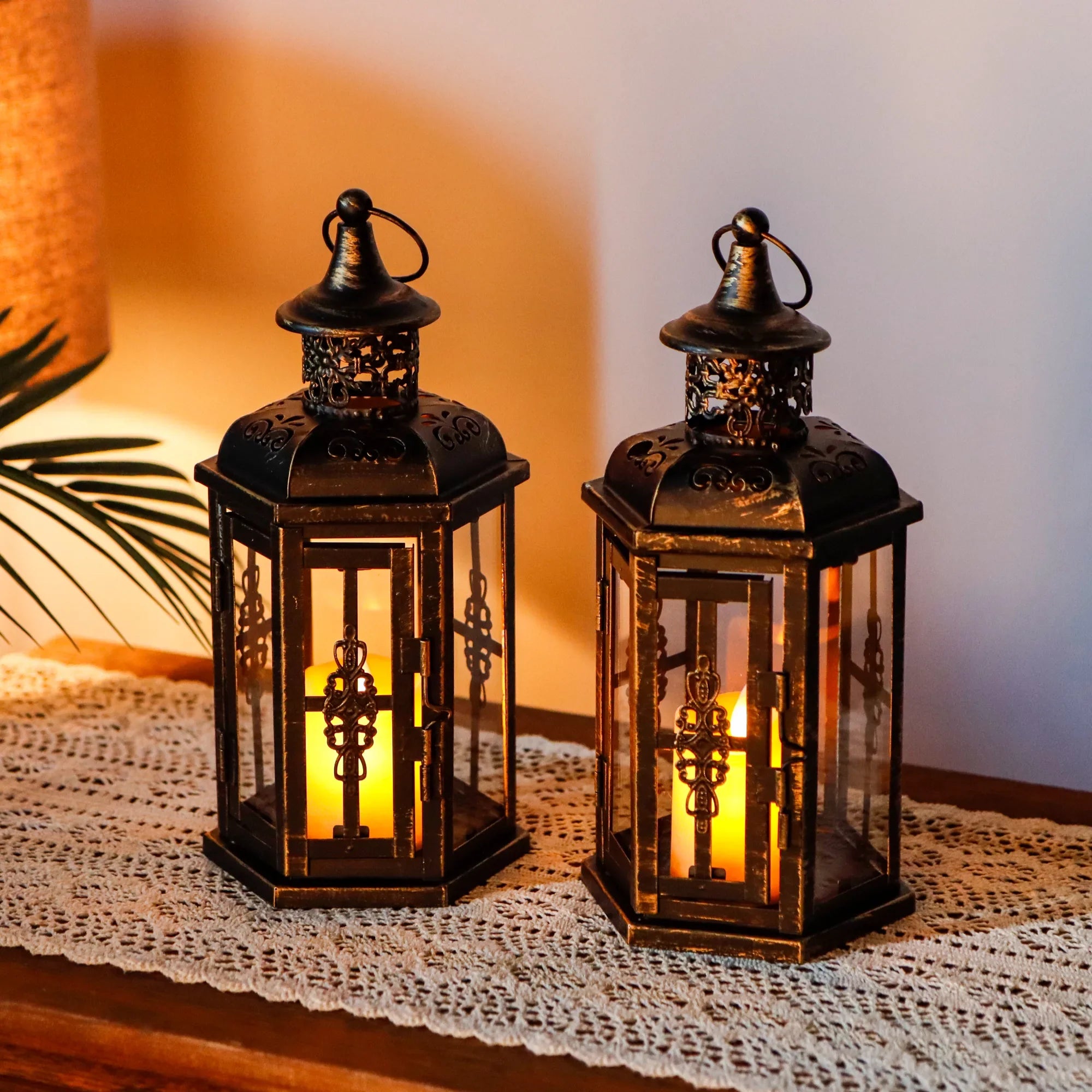 Set of 2 Decorative Lanterns -10 inch High Vintage Hanging Lantern Black JHY DESIGN