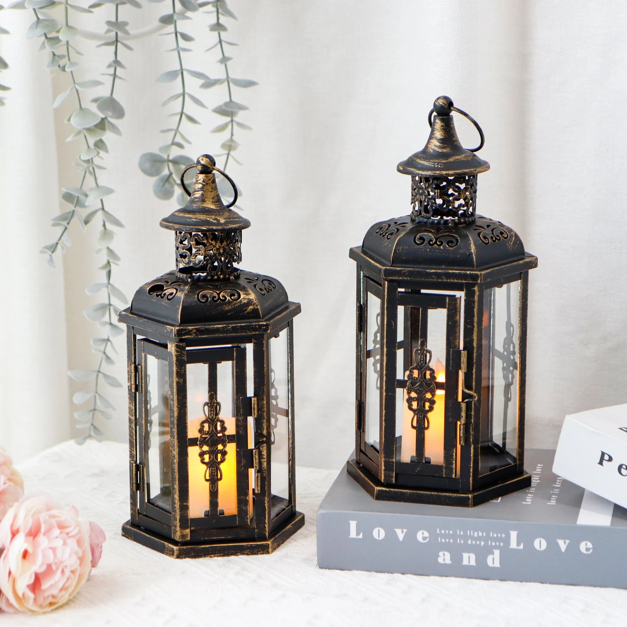 Set of 2 Decorative Lanterns -10 inch High Vintage Hanging Lantern Black JHY DESIGN