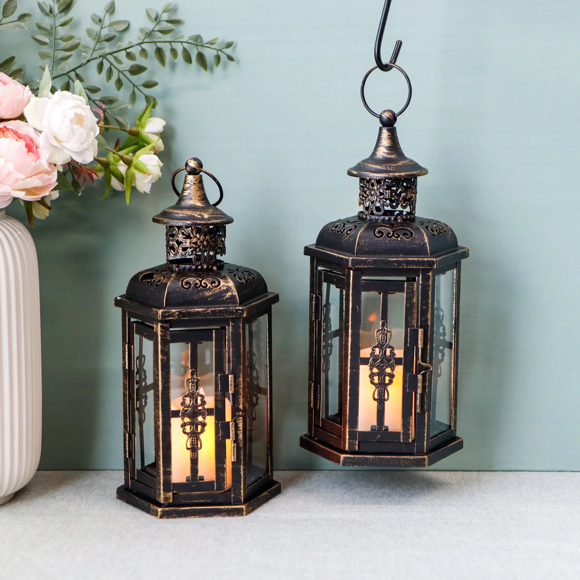 Set of 2 Decorative Lanterns -10 inch High Vintage Hanging Lantern Black JHY DESIGN