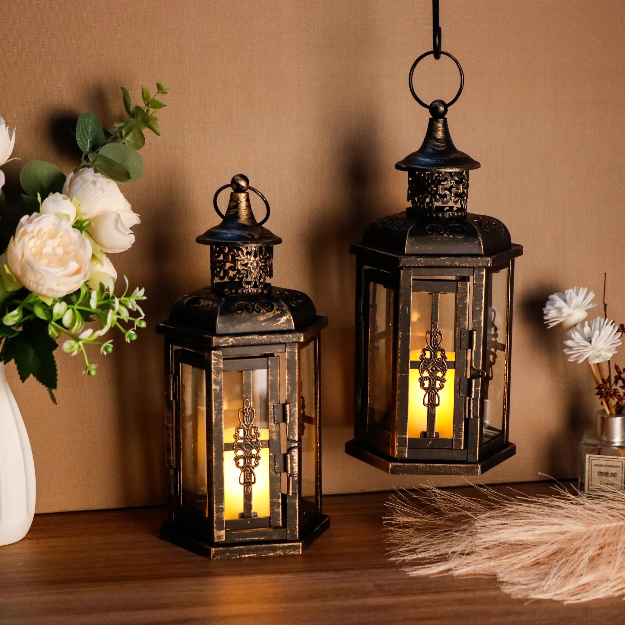 Set of 2 Decorative Lanterns -10 inch High Vintage Hanging Lantern Black JHY DESIGN